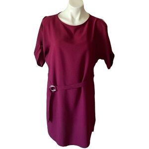 Yessica Burgundy Red Belted Short Split Sleeve Shift Dress